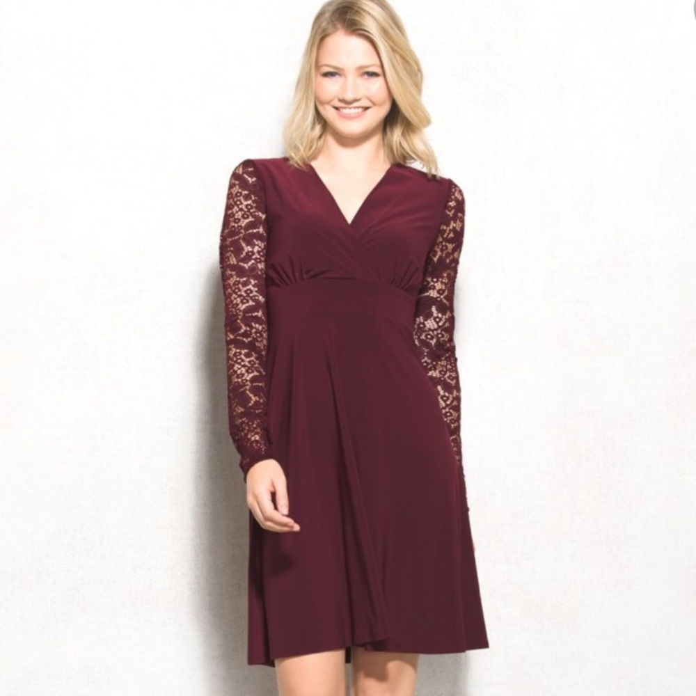 NWT Ashley Graham Burgundy Lace Sleeve V Neck Short Dress
